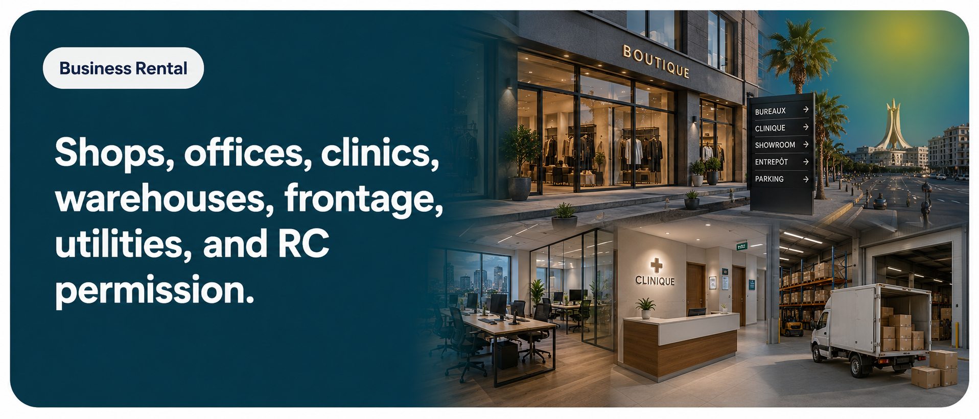 Business Rental - Shops, offices, clinics, warehouses, frontage, utilities, and RC permission.