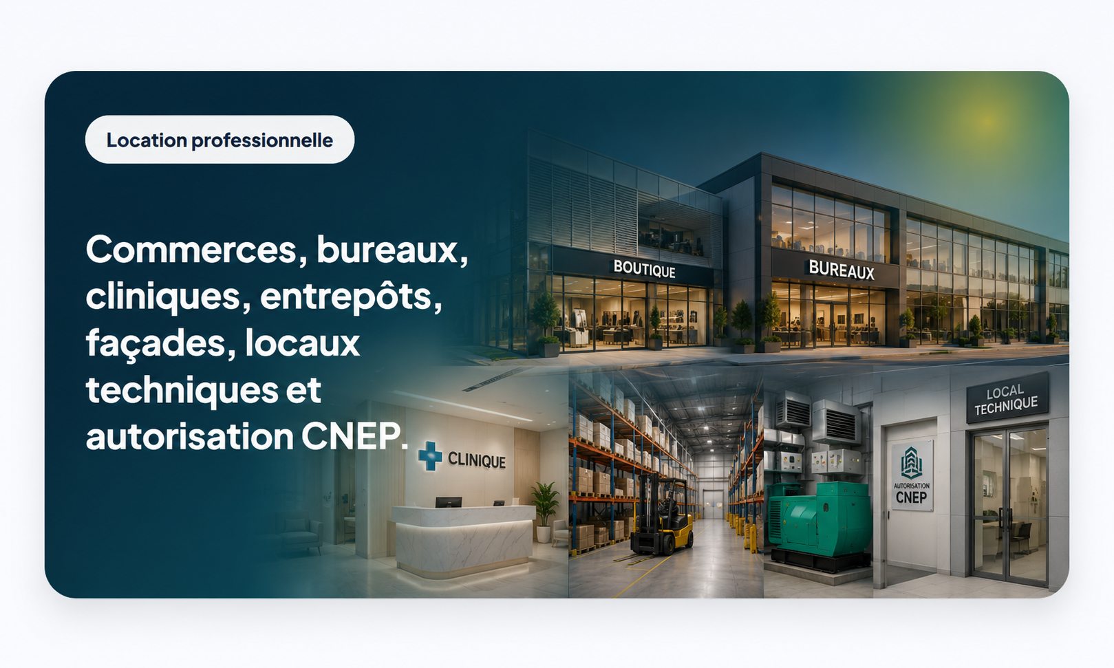 Location commerciale - Shops, offices, clinics, warehouses, frontage, utilities, and RC permission.