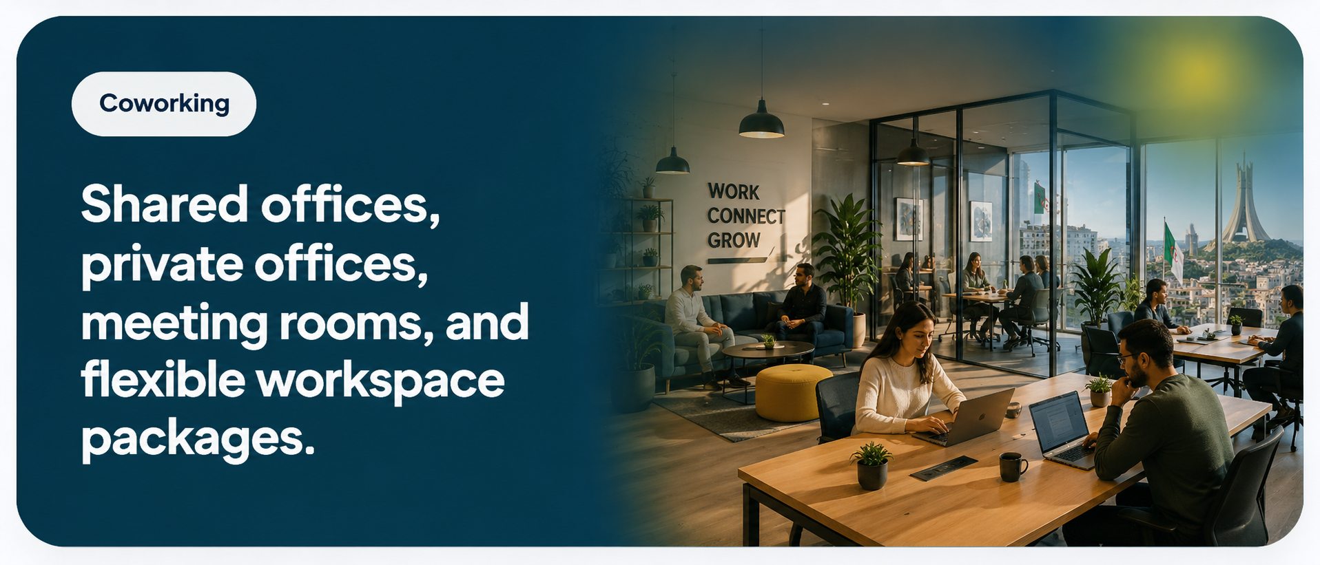 Coworking - Shared offices, private offices, meeting rooms, and flexible workspace packages.