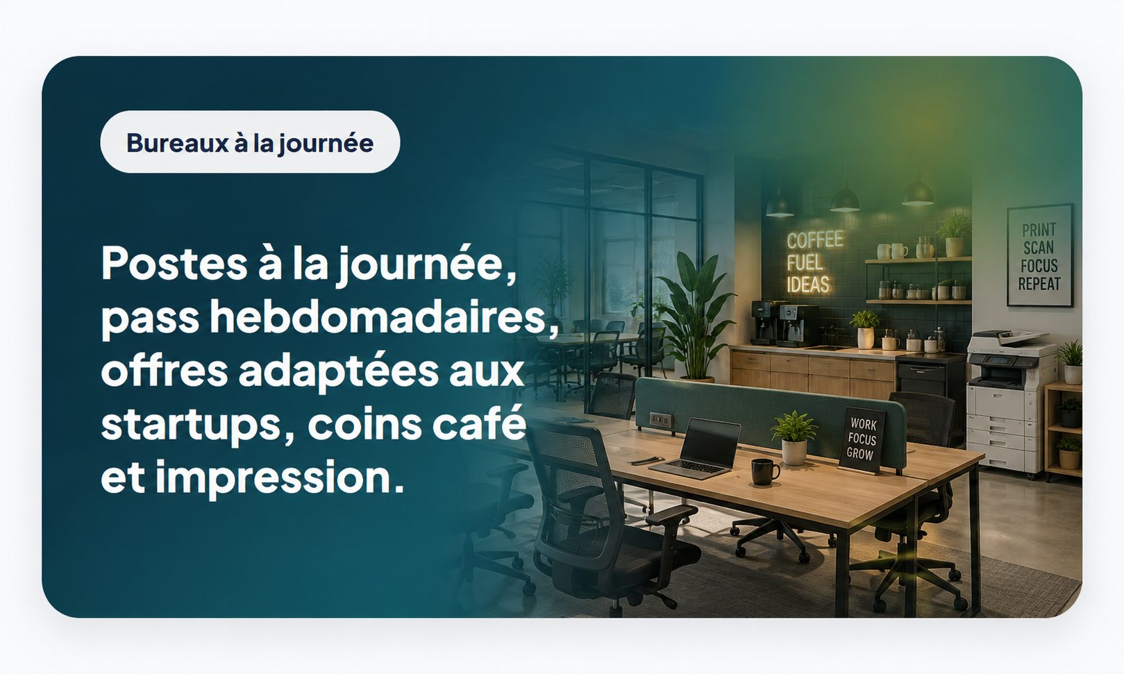 Hot desking - Daily desks, weekly passes, startup-friendly plans, coffee corners, and printing.